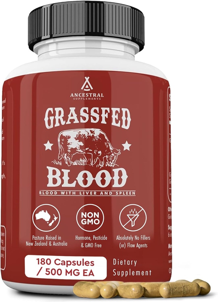 Ancestral Kosttilskud Græs Fed Blood er blod, lever & milt Formel, 500mg, Græs Fed Beef Supplement, Red & White Blood Cell Formation, Immun og hjerte sundhed støtte, ikke GMO, 180 kapsler