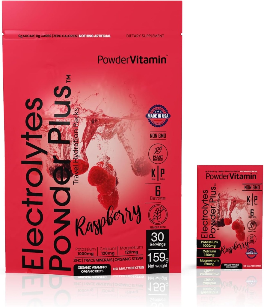 PowerVitamin Electrolytes Powder Packets - Hindbær - Keto Electrolytes for Daily Energy - Hydration Powder med 1000mg kalium, 120mg Magnesium, Zero Calories - 30 Hydration Packets