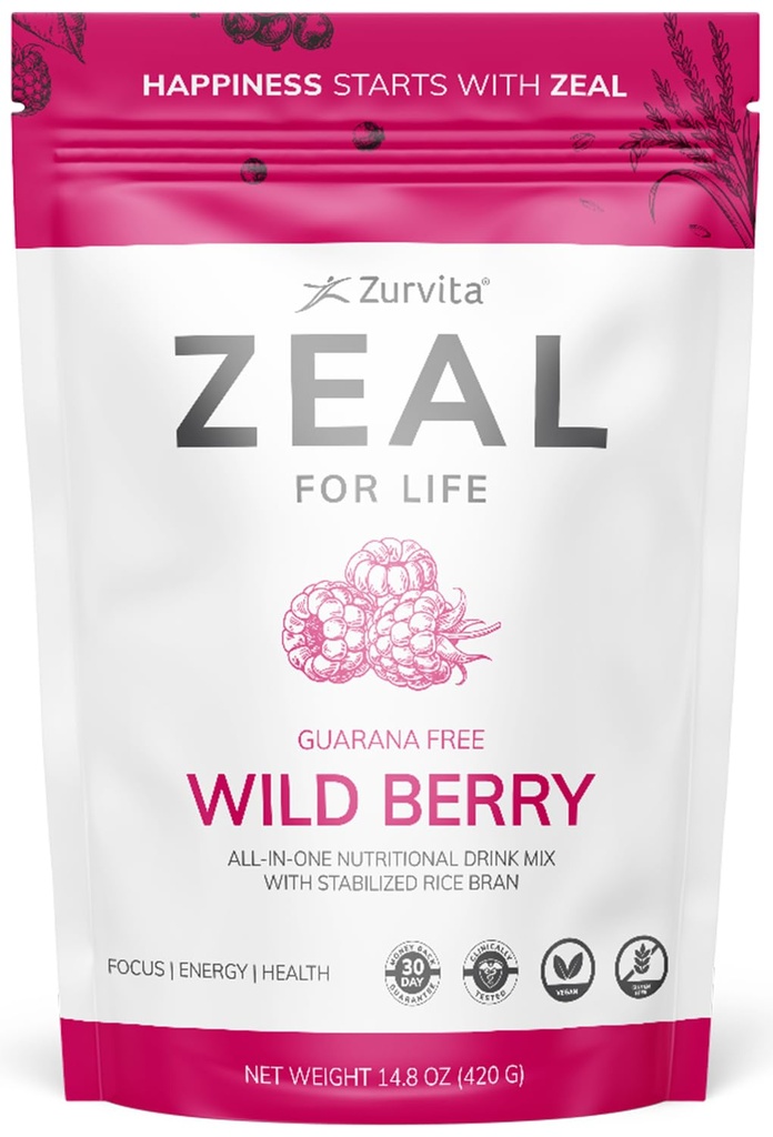 Zurvita - Zeal for Life 30- Day Wellness Bag - Wild Berry (Guarana Free) - Nutritional Supplement for Vitality, Immunitet og Wellness - 420 Bedste