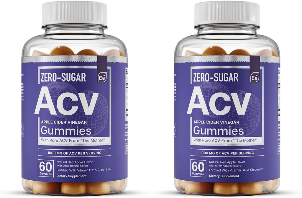 Væsentlige elementer Zero- Sugar ACV Apple Cider Vinegaver Gummies fra "The Mother" - Naturligt -Sourced, Vegan ACV Gummies med Chrom 60 Count (2 - Pack)