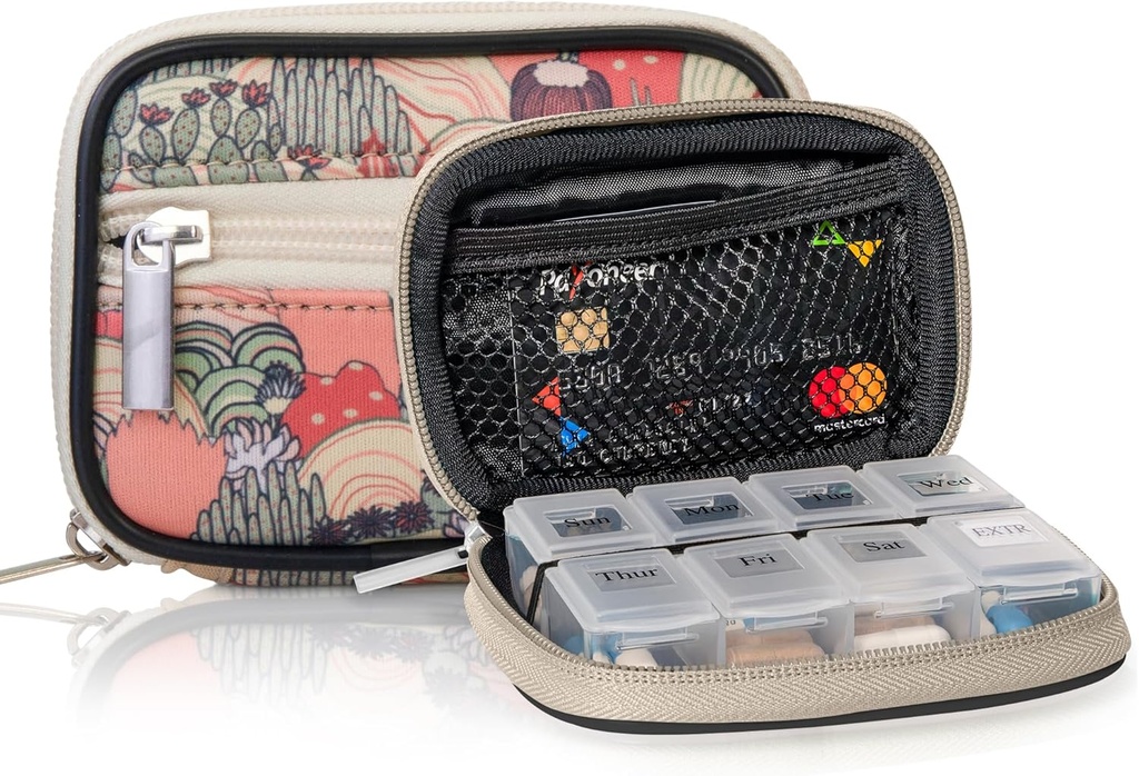 Lavet Easy Kit Pill Case - Ugentlig Medicin Organizer med Aftagelig Syvende-dag Vitamin & Supplement Box - Premium Neopren til Rejse Purse Tilbehør (Desert Khaki)