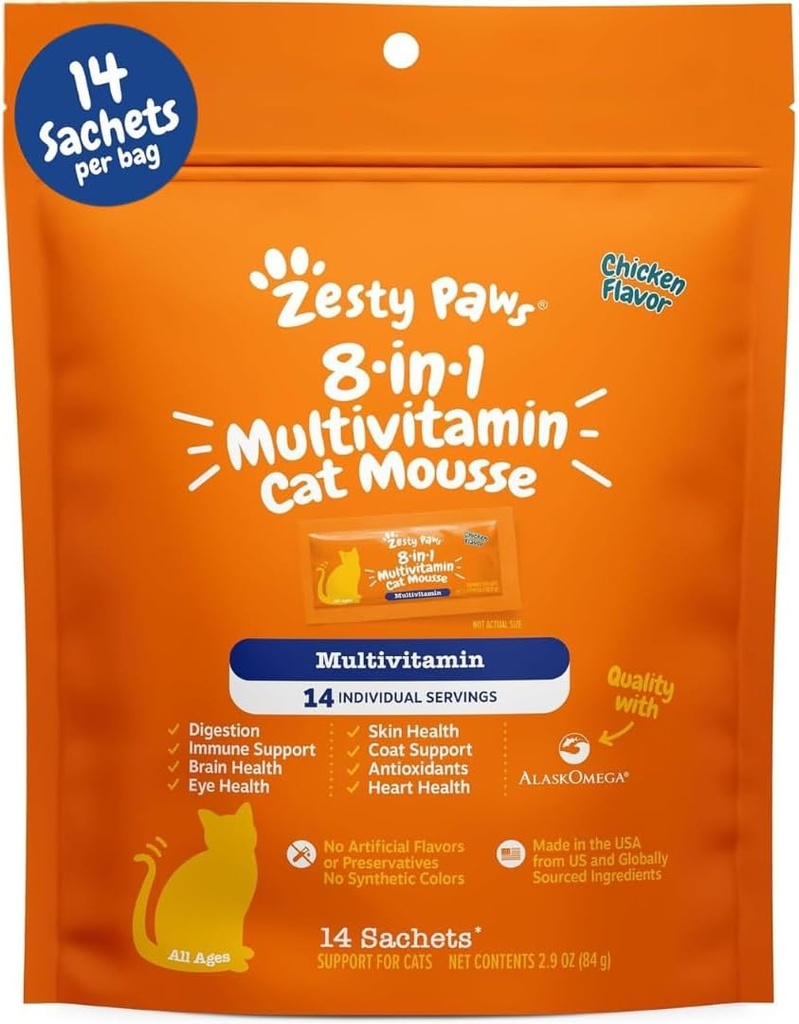 Zesess Paws 8- in-1 Multivitamin Kat Vitaminer & Kosttilskud Mousse - Kat Vitaminer til Indoor Cats - Sund Treat Squeeze Op til Gut, Immun, Heart, Skin & Coat Support - kylling 14ct