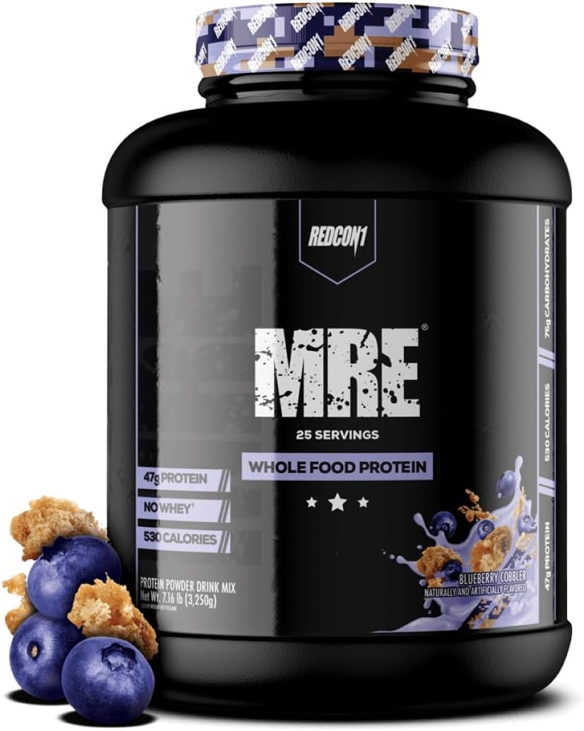 REDCON1 MRE Protein Powder, Blåbær Cobbler - Meal Erstatning Protein Blend Lavet med MCT Oil & Whole Foods - Protein med naturlige ingredienser til hjælp i muskel Inddrivelse (25 Servere)
