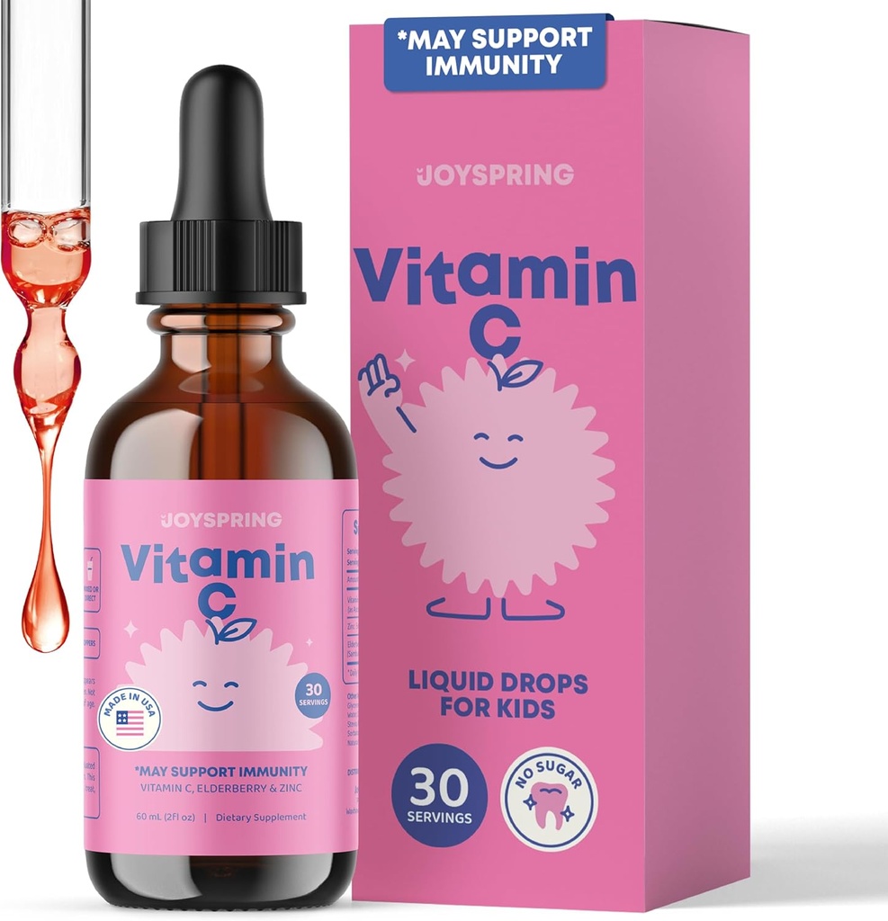 JoySpring C-vitamin og zink til børn, Elderberry Liquid Supplements 124; Alkoholfri Toddler C-vitamin 124; 2 + År Beeg 124; (2 fl oz) 30 Servering