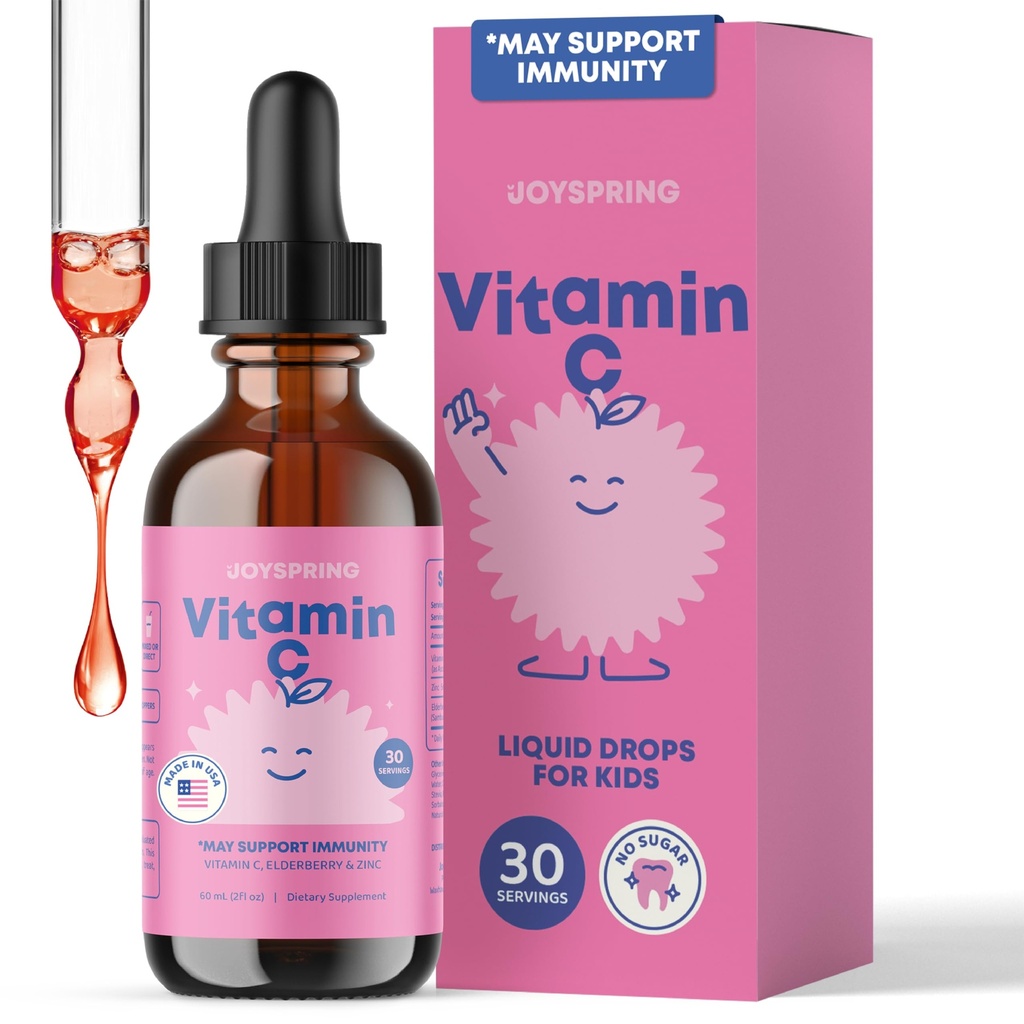 JoySpring C-vitamin og zink til børn, Elderberry Liquid Supplements 124; Alkoholfri Toddler C-vitamin 124; 2 + År Beeg 124; (2 fl oz) 30 Servering