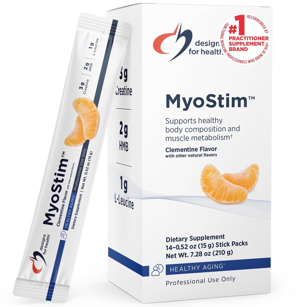 Designs for Health MyoStim - HMB + Collagen Peptides Powder with L-Leucine + Creatine to Support Healthy Aging - May Help Attenuate Age-Related Muscle Loss - Clementine-Flavored Drink (14 Stick Packs)