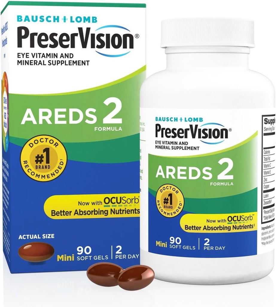 PreserVision AREDS 2 Eye Vitaminer, # 1 Eye Doctor Anbefalet Mærke, Lutein og Zeaxanthin Supplement med C-vitamin, E-vitamin, zink og kobber, 90 Softgels (Minigels)
