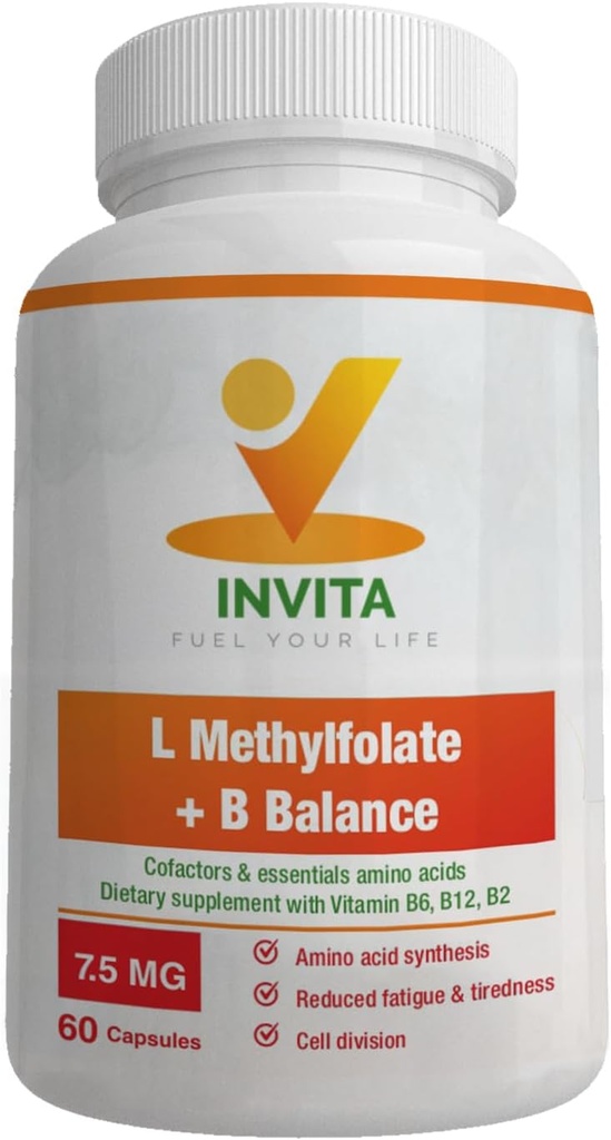 INVITA L- Methylfolat + B Balance - 5 - MTHF, B6, B2 & B12 Methylcobalamin B Complex - 60 kapsler - Professionel styrke Aktiv methylfolat - Ikke GMO, Gluten Free, No Fillers (7, 5 mg)