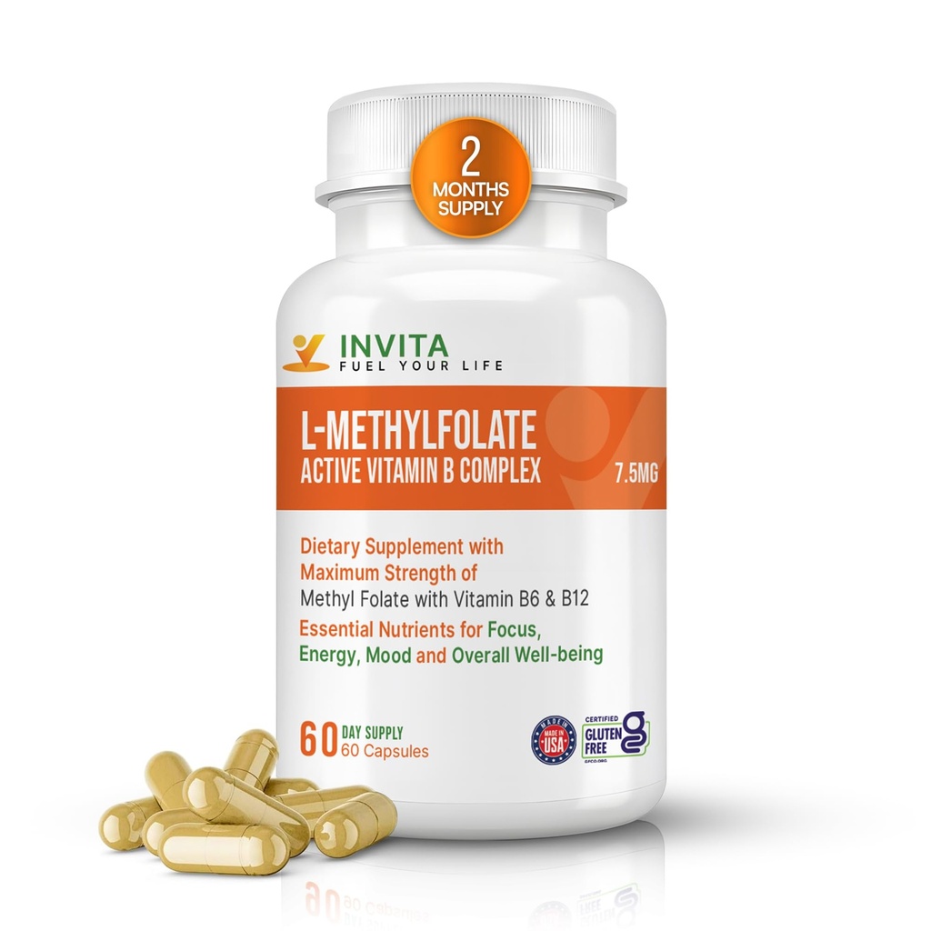 INVITA L- Methylfolat + B Balance - 5 - MTHF, B6, B2 & B12 Methylcobalamin B Complex - 60 kapsler - Professionel styrke Aktiv methylfolat - Ikke GMO, Gluten Free, No Fillers (7, 5 mg)