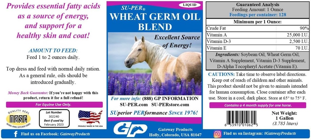 SU- PER Hvede Germ Oil Blend for Heste - Understøtter energi, Endurance, Stamina, Sund Hud og Coat - Væsentlige Fedtsyrer, Vitamin og Min - 1 Gallon, 4 Måned Supply