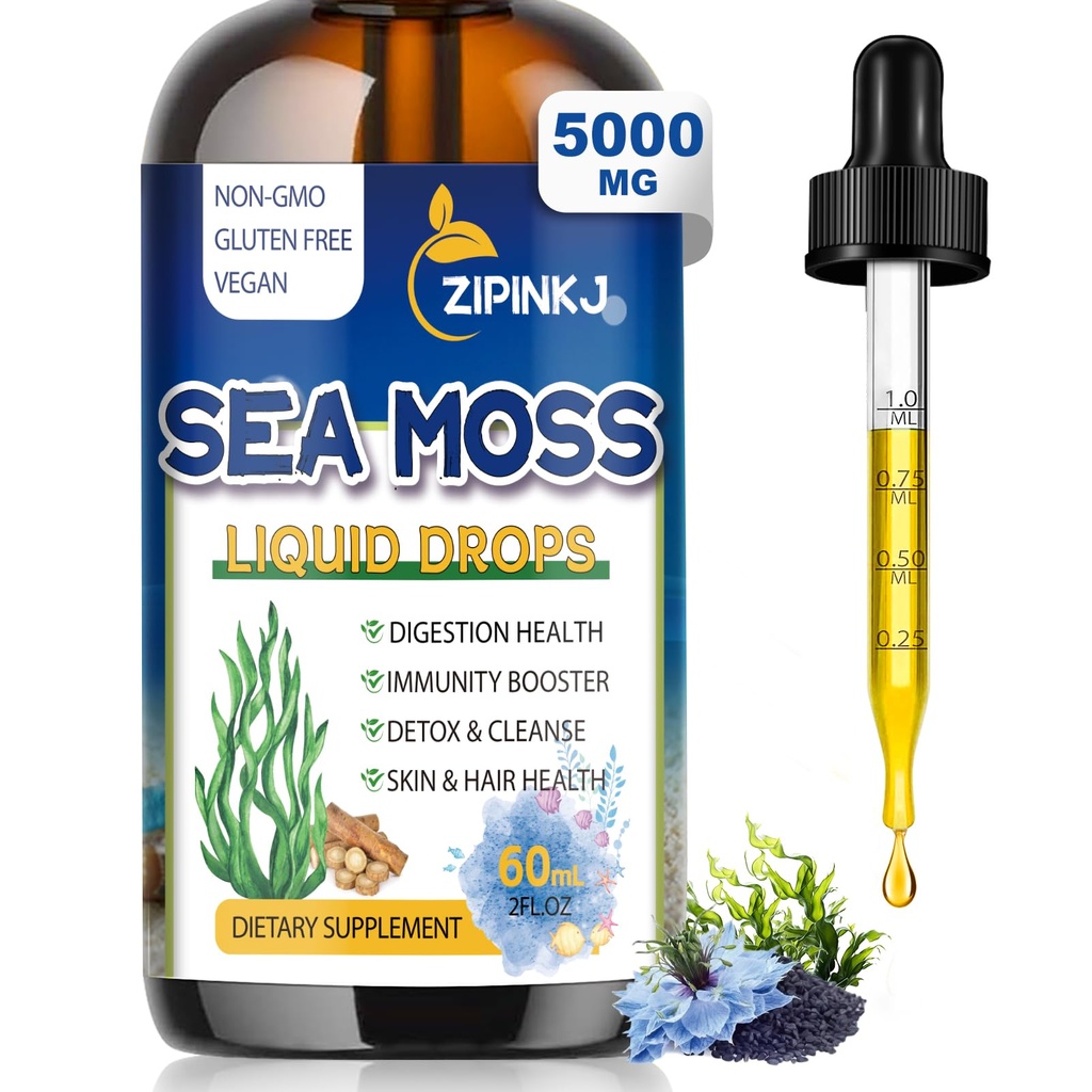 Sea Moss Drops, Irish Liquid Sea Moss Gel tillæg med Black Seed Oil, Shilajit, Elderberry, Burdock Root, Spirulina, Bladderwrack for fordøjelse sundhed, non-GMO, 2 Fl Oz