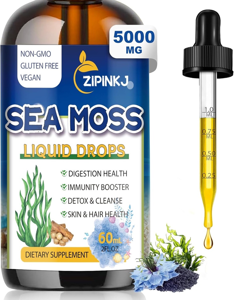 Sea Moss Drops, Irish Liquid Sea Moss Gel tillæg med Black Seed Oil, Shilajit, Elderberry, Burdock Root, Spirulina, Bladderwrack for fordøjelse sundhed, non-GMO, 2 Fl Oz
