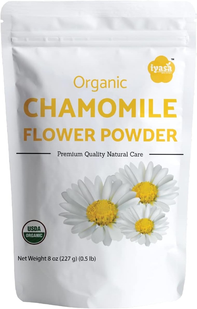 Iyasa Holtics Organic Kamille Flower Powder, Food Grade for Bagning, Madlavning, Tea, Sommer Drinks, DIY Hud og Hårpleje Produkter, Naturlige Ansigtspakker, Ansigtsmaske 8 oz 223 gm