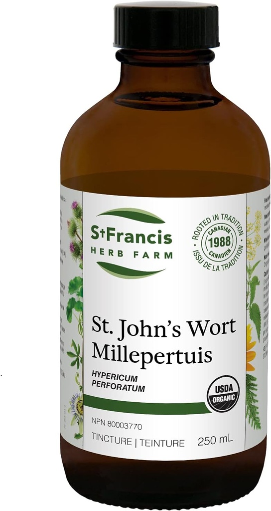 St. Francis Herb Farm St. John 's Wort Herbal Tincture Flydende væk 124; Hjælper til at lindre rastløshed & nervøsitet 124; Traditional Herbal Sedative væk 124; Økologisk væk 124; Non- GMO-124; Lactose- fri væk 124; (250 ml)