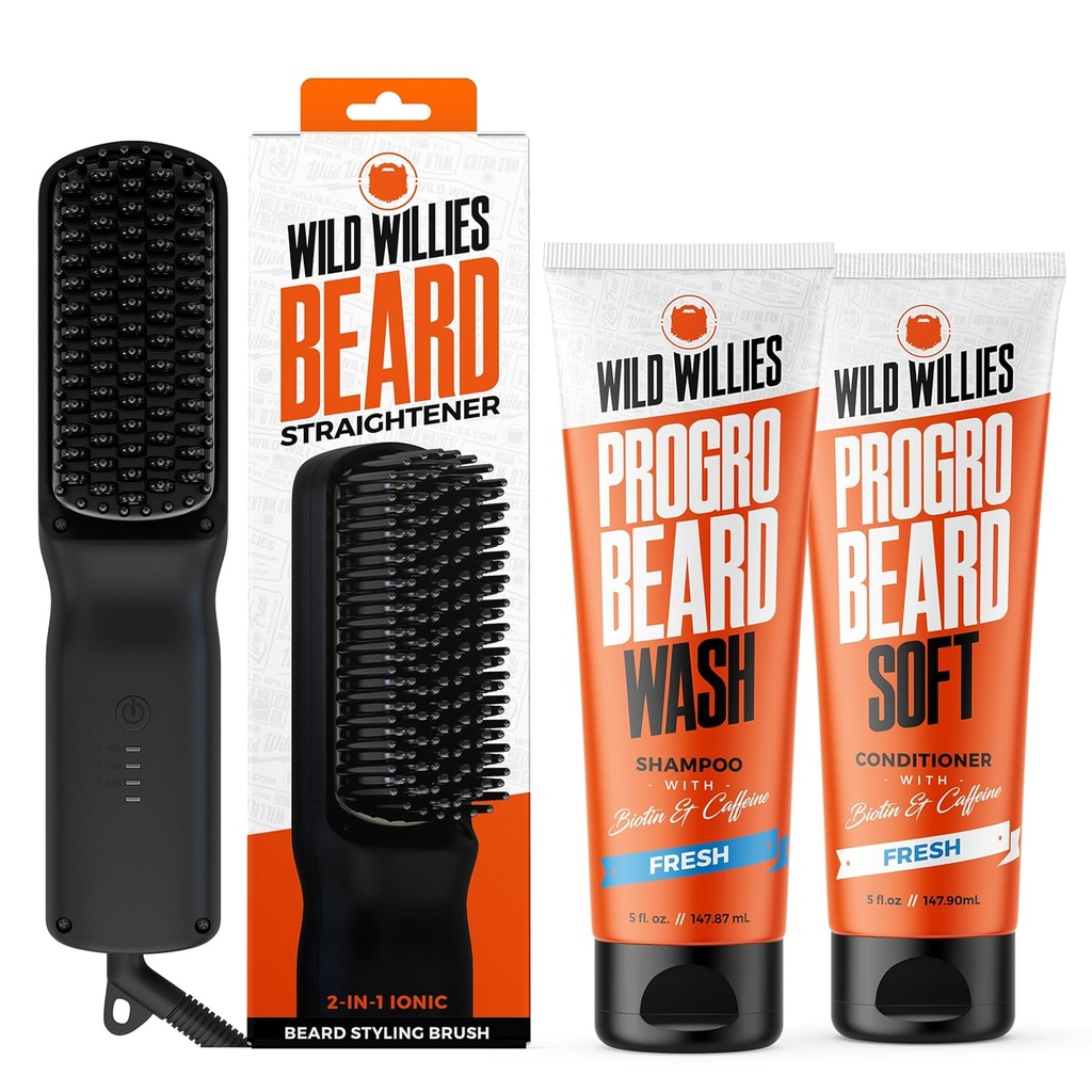 Wild Willies Beard Grooming Kit - Beard Straightener for Mænd, PROGRO - Forstærket med Biotin & Koffein til hårvækst, Vask, Hydration - Ionic 2- -1 Opvarmet Comb Brush, Lavet i USA