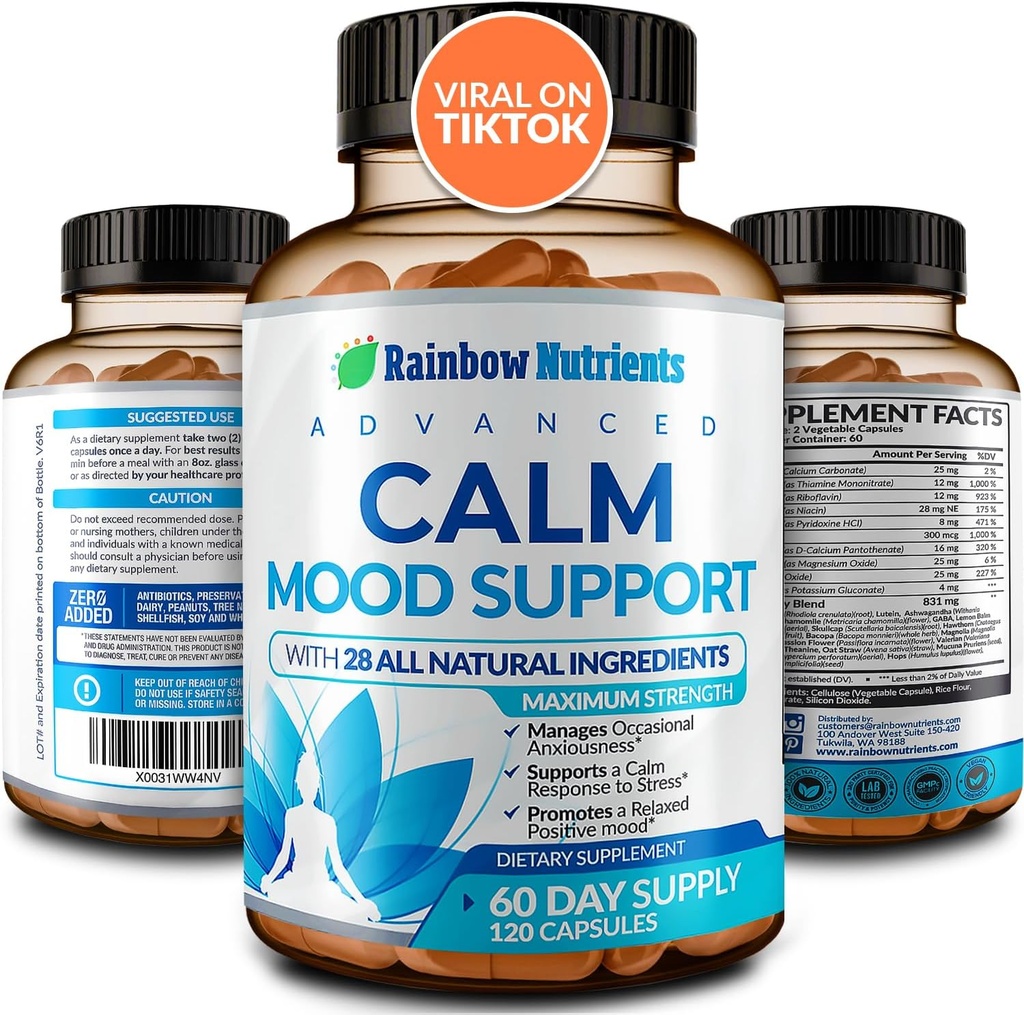 28 i 1 Rolig Mood Support - Natural Happy Pills for Occasional Anxiousness & Stress, Bekymring følelser, Afslapning, Mental Klarhed • 124; Max Sleep & Mood Support til kvinder & Mænd • 124; 120 Veganske kapsler