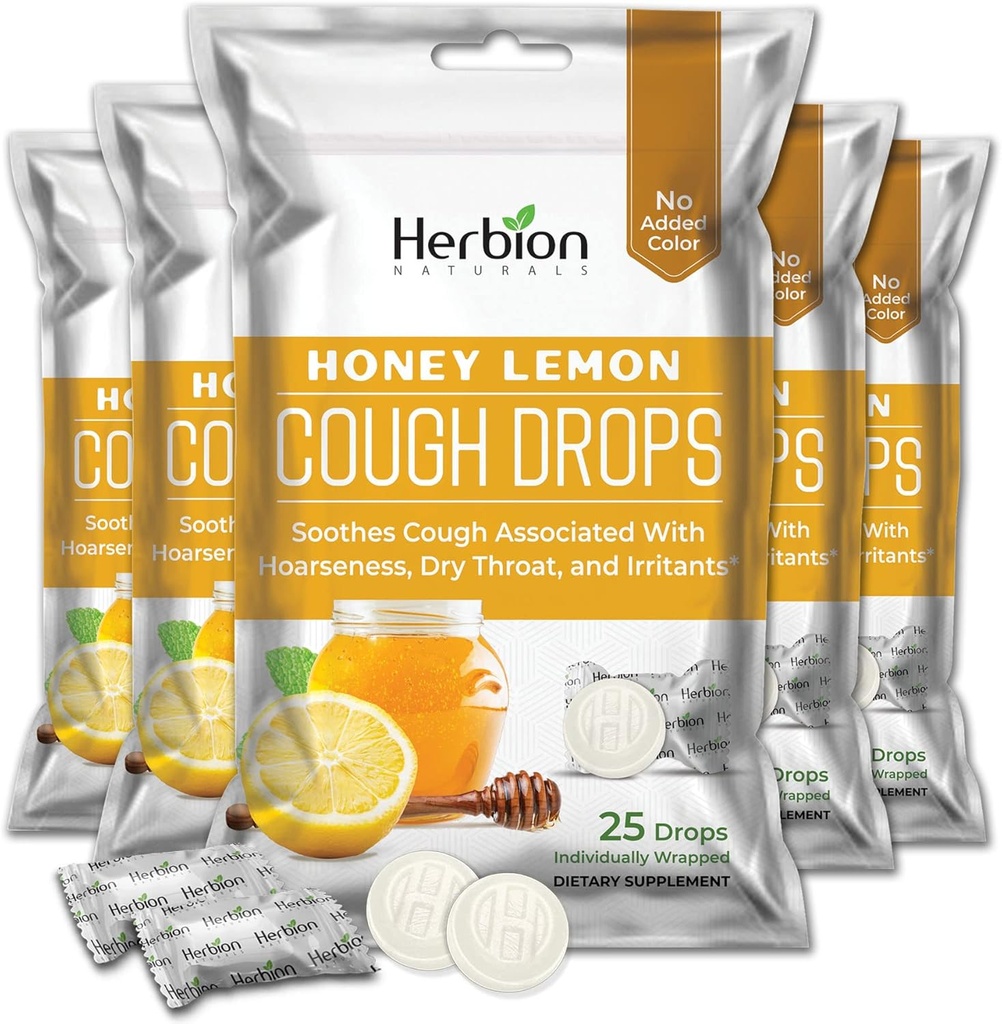 HERBION Naturals Hoste Drops med honning Lemon Flavor, Kosttilskud, Sodhes Hoste, for voksne og børn over 6 år, 125 Lozenges, pakke med 5