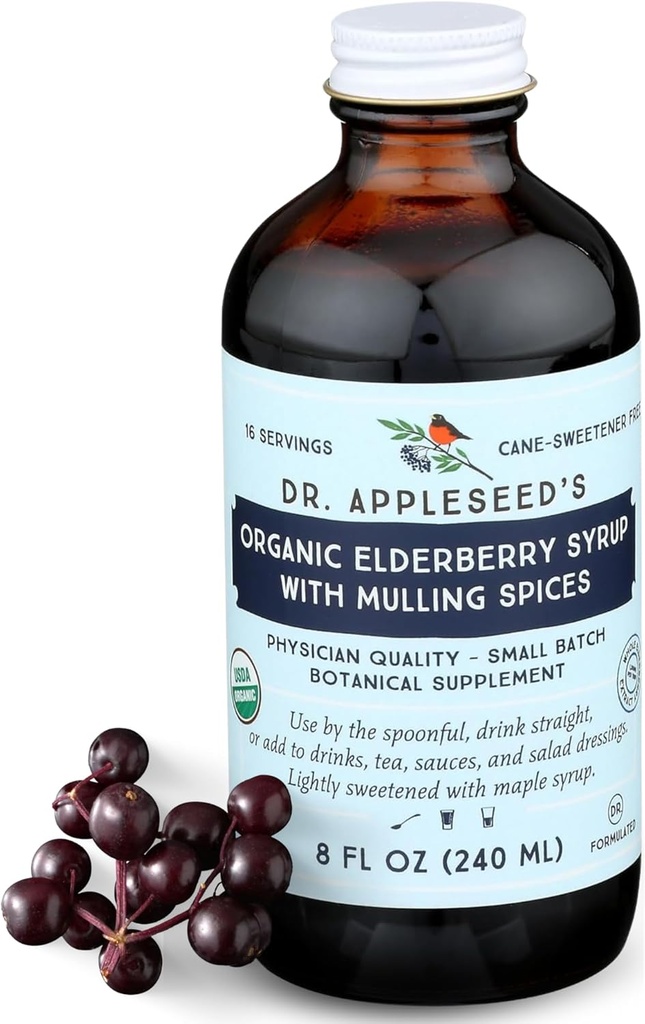 Dr. Appleseeds Organic Elderberry Syrup Max Strength 28.000mg Kids + voksne Daglige immuntilskud Doctor- Formulerede Science- Backed Pure Vegan 48 Day Supply - 8 Fl Oz