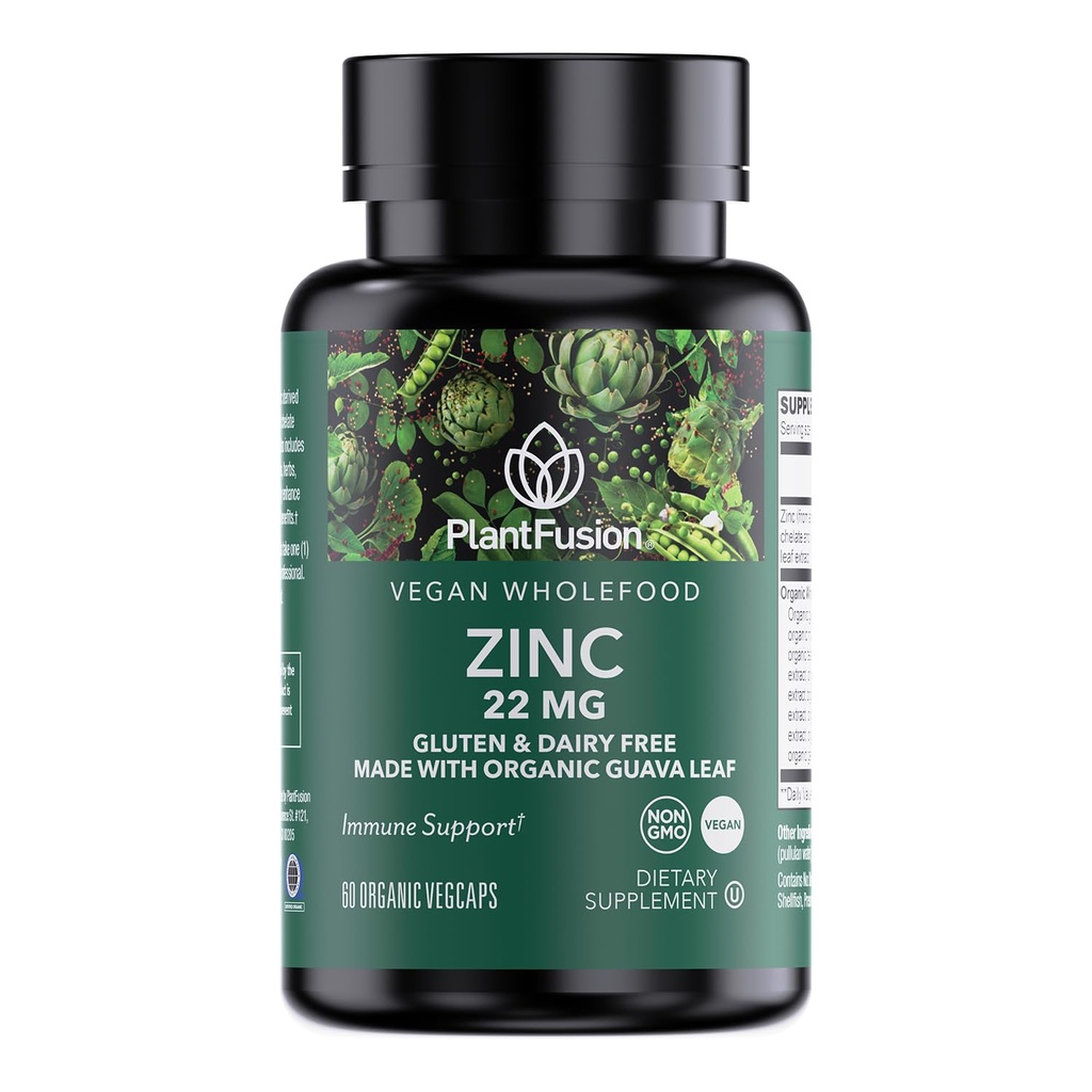PlantFusion Vegan Zink Kosttilskud 22 mg - Wholefood Complex, Chelated Zink Citrate fra Organic Guava Leaf for immunforsvar, 60 kapsler