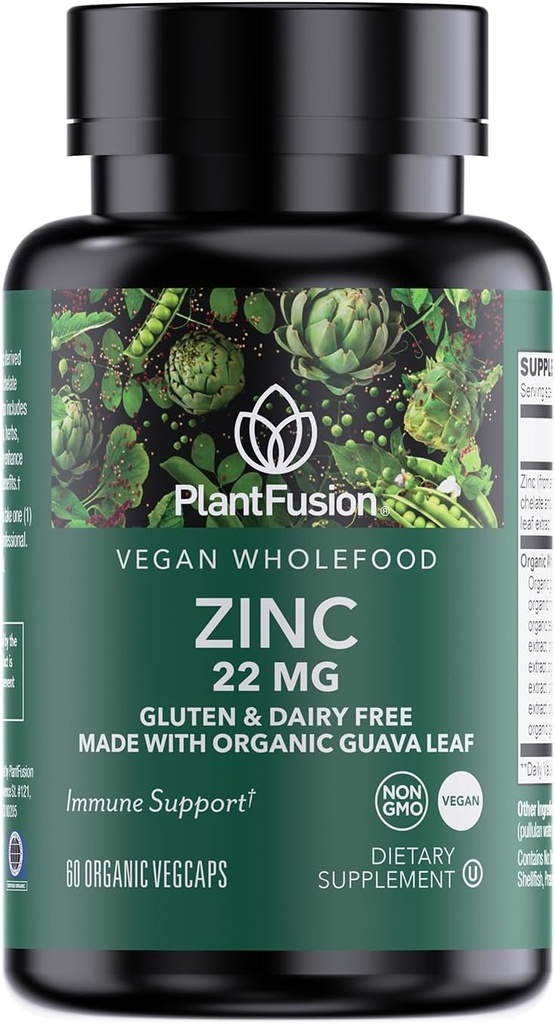 PlantFusion Vegan Zink Kosttilskud 22 mg - Wholefood Complex, Chelated Zink Citrate fra Organic Guava Leaf for immunforsvar, 60 kapsler