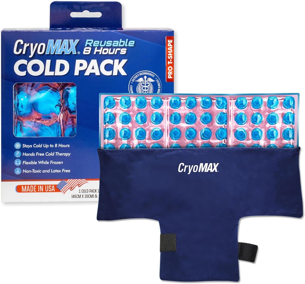 CryoMAX Genbrugelig Cold Pack - 8-timers lang-varende Cold Therapy Ice Pack, justerbar Wearable Compress Straps, bedste for smertelindring, skader, Hip Kirurgi Hævelse, og Migræne - T- form (1 greve)