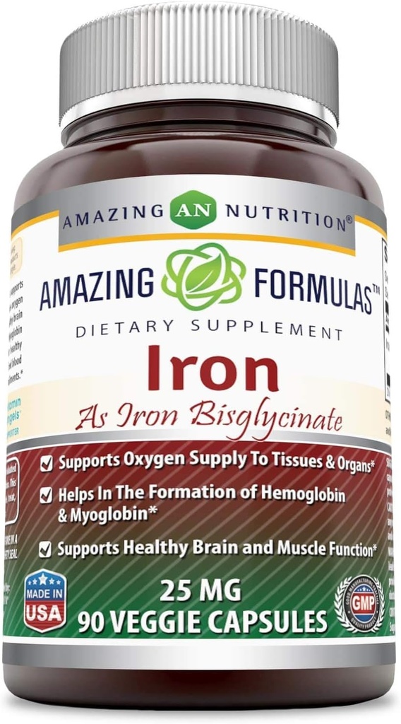 Amazing Formulas Jern som Iron Bisglycinate 25 Mg Veggie kapsler (Non-GMO, Gluten Free) - Understøtter Oxygen Tilgang til væv & organs- Hjælper i Dannelse af hæmoglobin & Myoglobin. (90 Veggie kapsler)