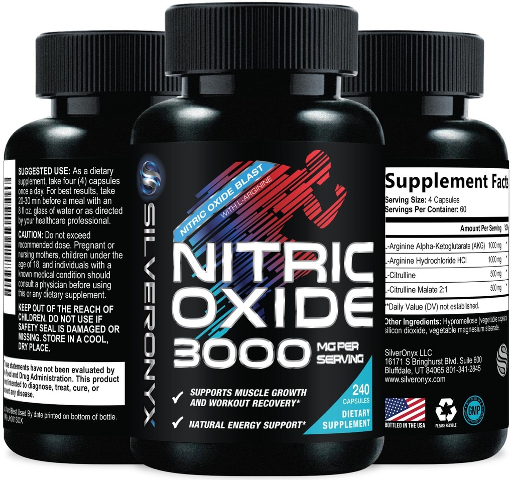 Ekstra styrke nitrogenoxid Supplement 3X Styrke L Arginin, Citrullin Malat, AAKG, Beta alanine - Premium Muscle Support Nitric Booster - Natural Energy & Heart Health Support - 240 kapsler