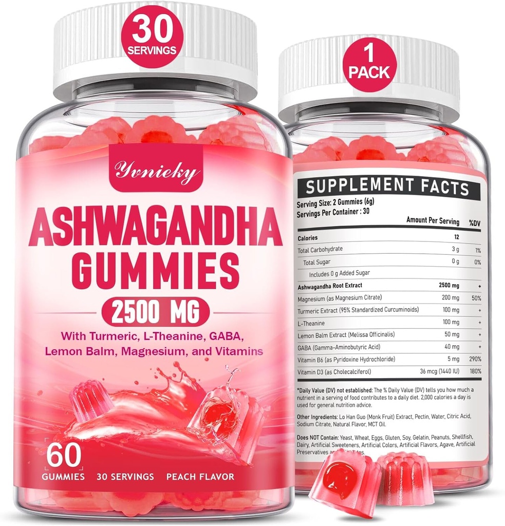 Ashwagandha Gummies 2500mg for kvinder & mænd: Ashwagandha Supplement Gummy Extra Styrke med gurkemeje, D3- vitamin, L- Theanin, Magnesium - fyldte gummies, jordbær flavor, Vegan, non-GMO