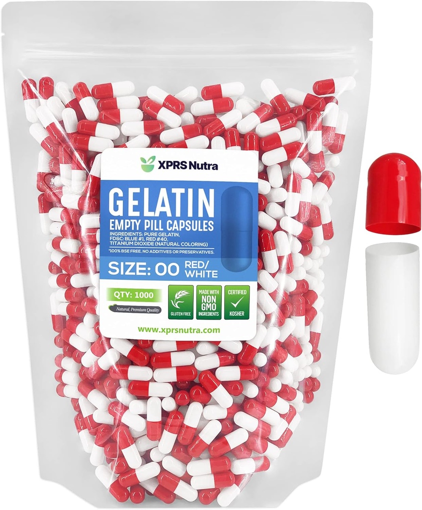 XPRS Nutra Størrelse 00 Tomme kapsler - 1000 Tomme Gelatine kapsler - gør Capsule Fyldning - Fyldelige Pille Gel Caps til Do- It- Yourself Kosttilskud (rød / hvid)