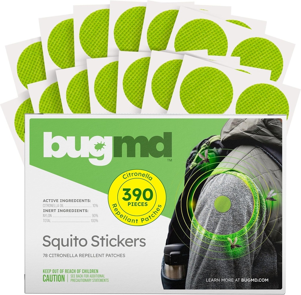 BugMD Squito Stickers Mosquito Repellent Patch Stickers for voksne (390 Patches), Safe & Effective Insect Repellent Patches for Toddlers, Kids, Camping, Beach & Outdoor Essentials