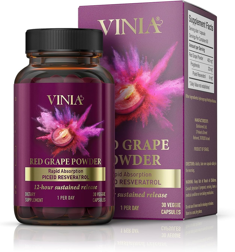VINIA 12- Hour Long- Lasting Piceid Resveratrol Supplement. Nitrooxide Booster. Understøtter hjerte sundhed, blodgennemstrømning, boost oxygen superfood pulver, Keto Friendly. Vegansk & ikke-GMO. 30 dages forsyning