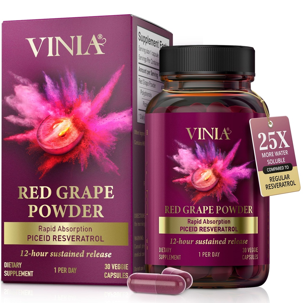 VINIA 12- Hour Long- Lasting Piceid Resveratrol Supplement. Nitrooxide Booster. Understøtter hjerte sundhed, blodgennemstrømning, boost oxygen superfood pulver, Keto Friendly. Vegansk & ikke-GMO. 30 dages forsyning