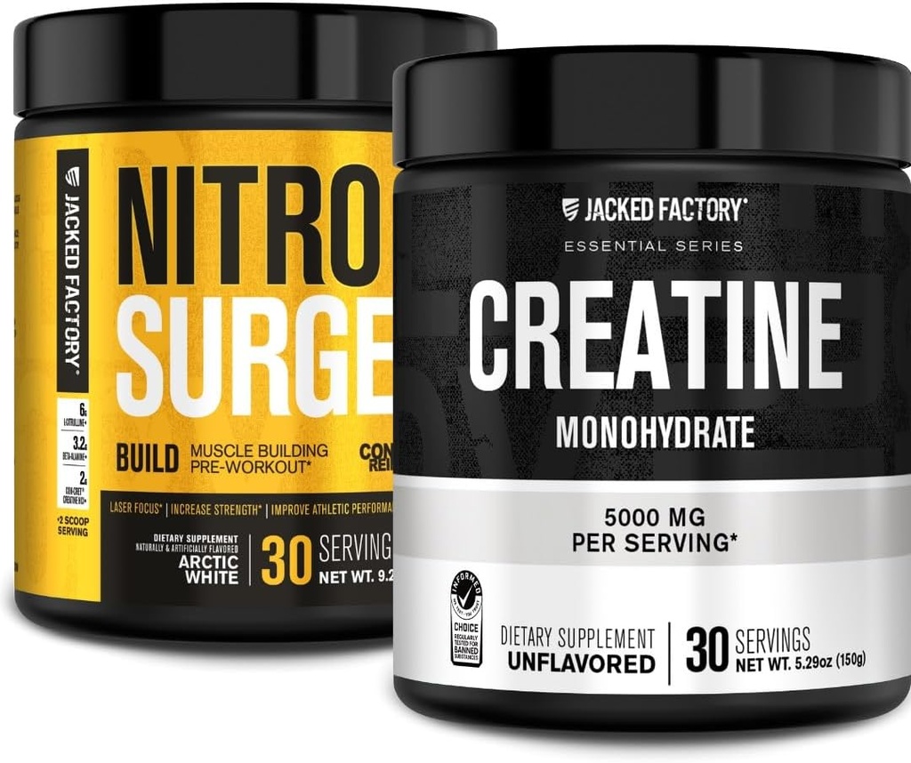 Jacked Factory Nitrovolume Build Pre Workout med Creatin for Muscle Building (30 Servings, Arctic White) & Creatin monohydrat pulver til Muscle Growth & Øget Styrke (30 Servings, Unflavored)