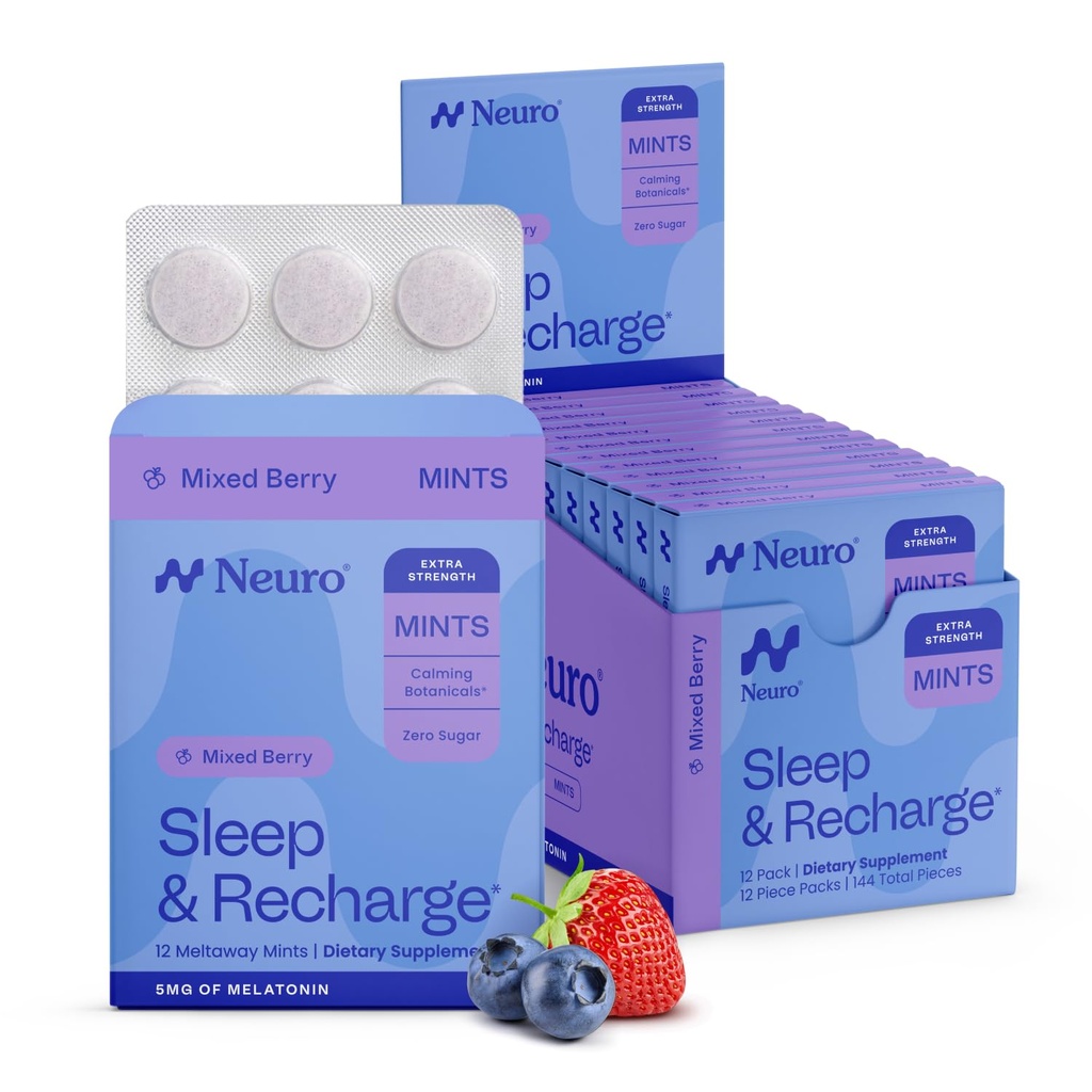 Neuro Melatonin 5 mg søvn & recharge mints (144 stykker) - hurtig opløsning melatonin sukker gratis mints med Lemon Balm & kamille for bedre søvn - rolig søvn supplement for voksne - nat Berry Flavor