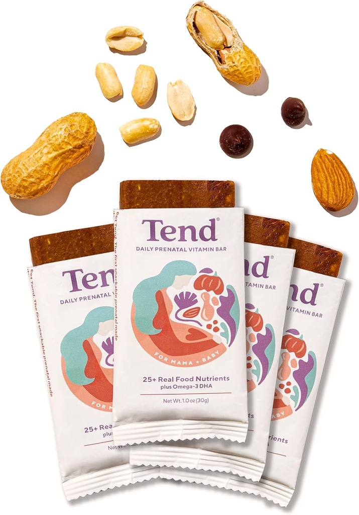 Tend Daily Best Prenatal Vitamin Bar, Lavet med økologiske ingredienser til Gravid & Postpartum Mødre, Inkluderer DHA, D-vitamin, B, Cholin, Folate - Peanut Butter Chokolade (4ct)