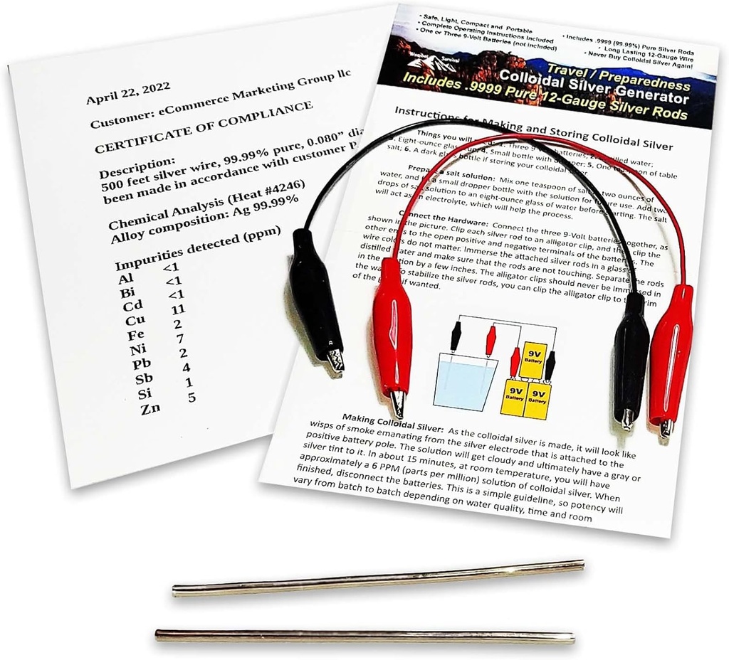 Kolloid sølv generator Wire 99,99% Pure 12- Gauge (0,08 i. / 2,06 mm) Sæt af (2) 4-Tommer Rods + Mini / Travel Generator - Inkluderer ledninger + komplette instruktioner