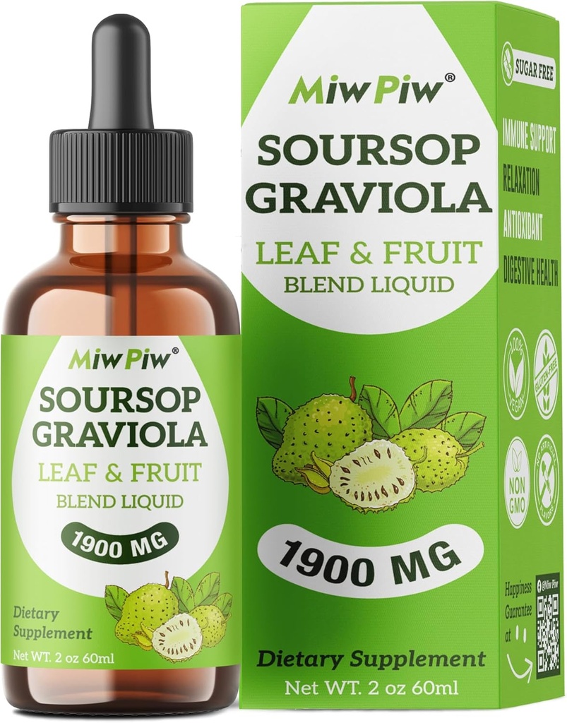 Soursop Graviola Liquid Drops 1900MG 2Fl Oz, Soursop Bitter Leaf Extract Kosttilskud, Søvn Relax Support og immunboost - Sukker fri, Natural Flavor, Herbal Goodness