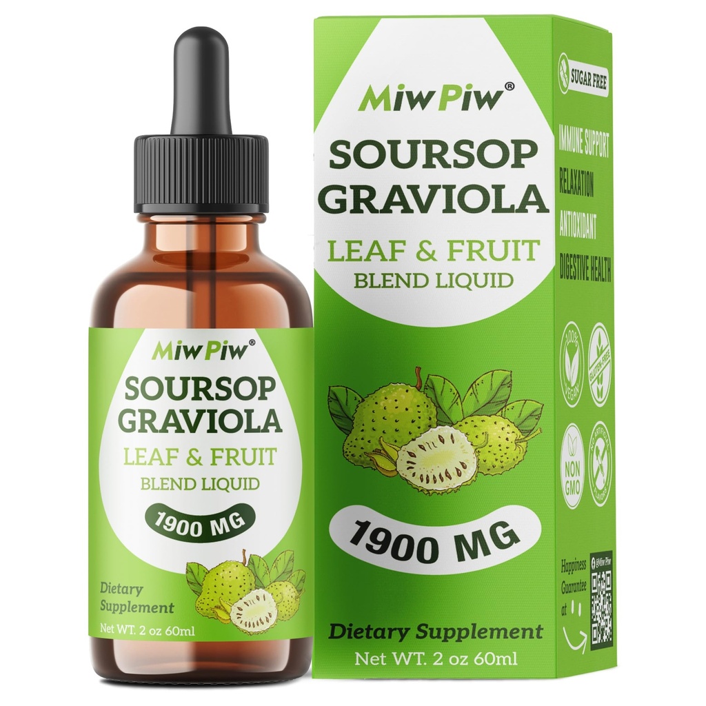 Soursop Graviola Liquid Drops 1900MG 2Fl Oz, Soursop Bitter Leaf Extract Kosttilskud, Søvn Relax Support og immunboost - Sukker fri, Natural Flavor, Herbal Goodness