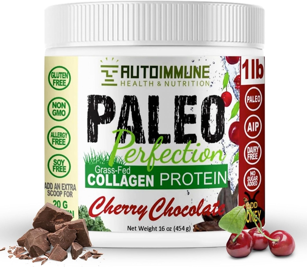 Paleo Perfection Cherry Chocolate Grass Fed Beef Collagen Protein Powder without Stevia - Paleo, Keto, SCD, AIP Protein Powder w / Apple Fiber, Carrot, Broccoli - 1lb Protein Powder & Superfood Blend