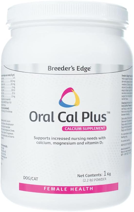 Revival Animal Health Breeder 's Edge Oral Cal Plus Powder, Calcium & Vitamin D Whelping Supplement for ammende hunde og katte, Understøtter sunde knogler, tænder og laktation, 1 kg