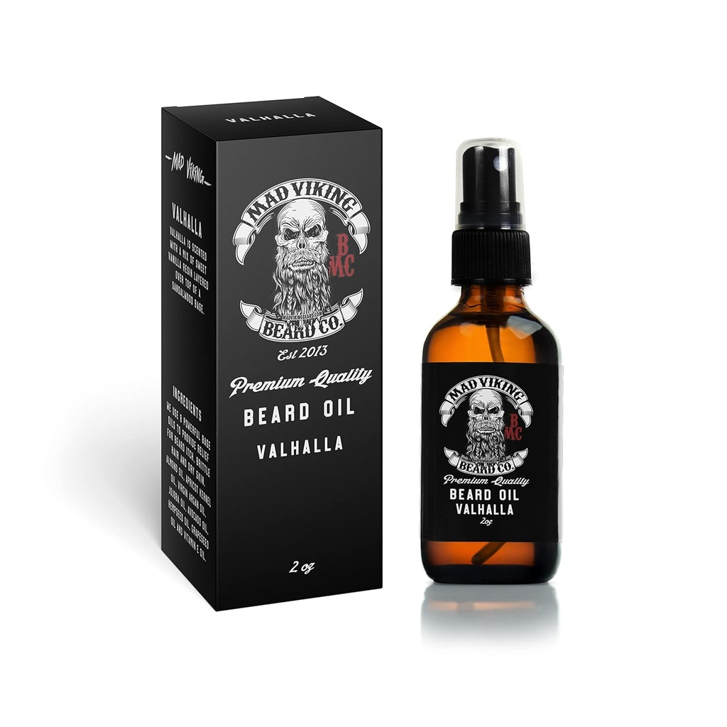 Mad Viking Valhalla Beard Oil - Hydrate, Softe og vokse dit skæg naturligt. Fight Itch and Dandruff with A Glat Sandalwood & Vanilla Duft, Made in the USA - 2oz