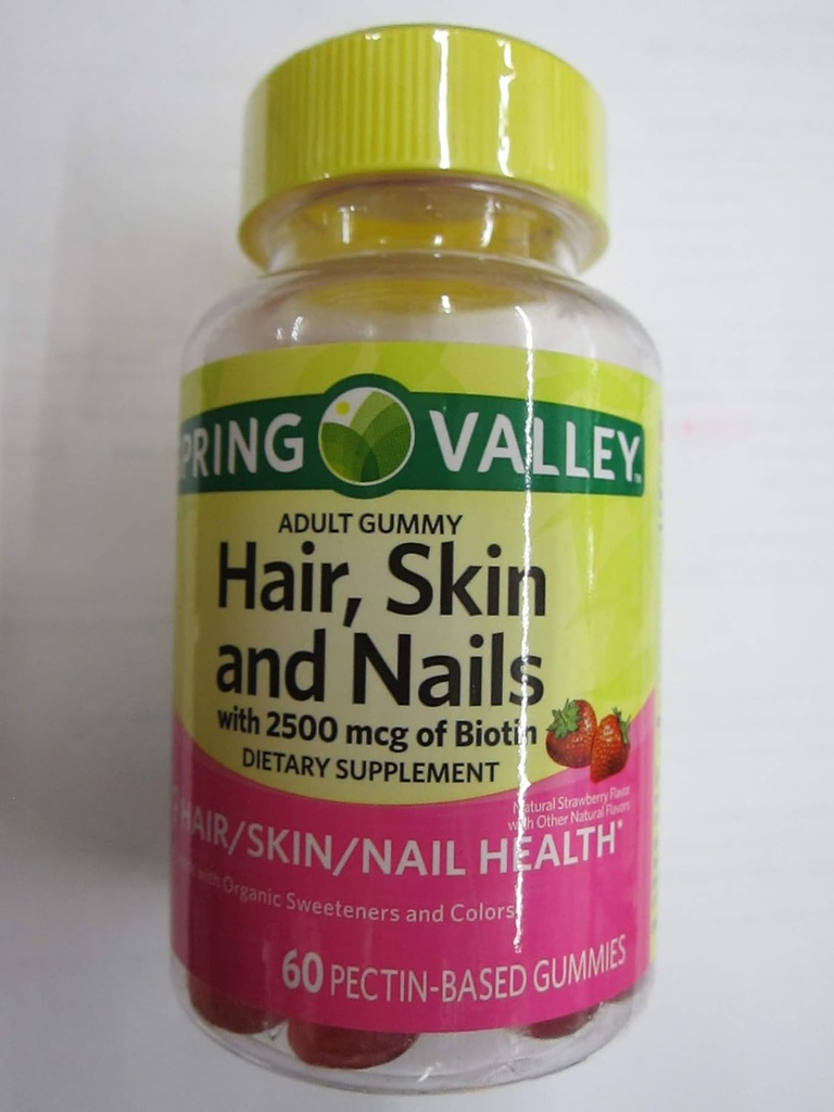 Spring Valley Voksen Hår, Hud, Nails, 2500 mcg Biotin, Strawberry, 60 Gummies (Pack of 2)