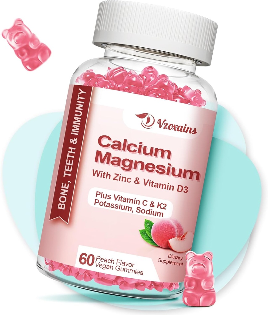 Høj Absorption Calcium Gummier, Sukker Gratis Calcium Magnesium Zink Gummier med vitamin D3 til mænd og kvinder, Peach Flavored 60 Cts