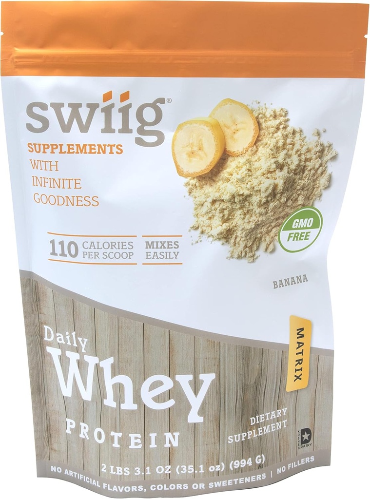 swiig Premium Daily Whey Protein Matrix Banana 2.2 lb – 20g Protein Gluten-Free Non-GMO No Fillers No Artificial Flavors Enhanced with Amino Acids for Muscle Recovery All Natural Formula