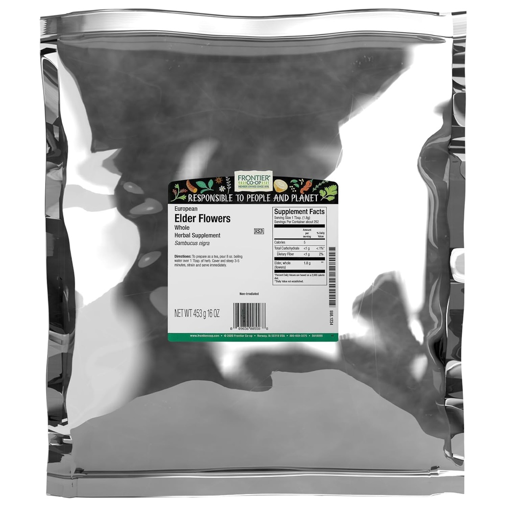 Frontier Co- op Tørrede Ældre blomster, 1lb Bulk Bag Budd124; Europæiske hele Tørrede Elderflower til kulinarisk & Herbal brug Budd124; Ideel til Elderflower Tea, Kosher