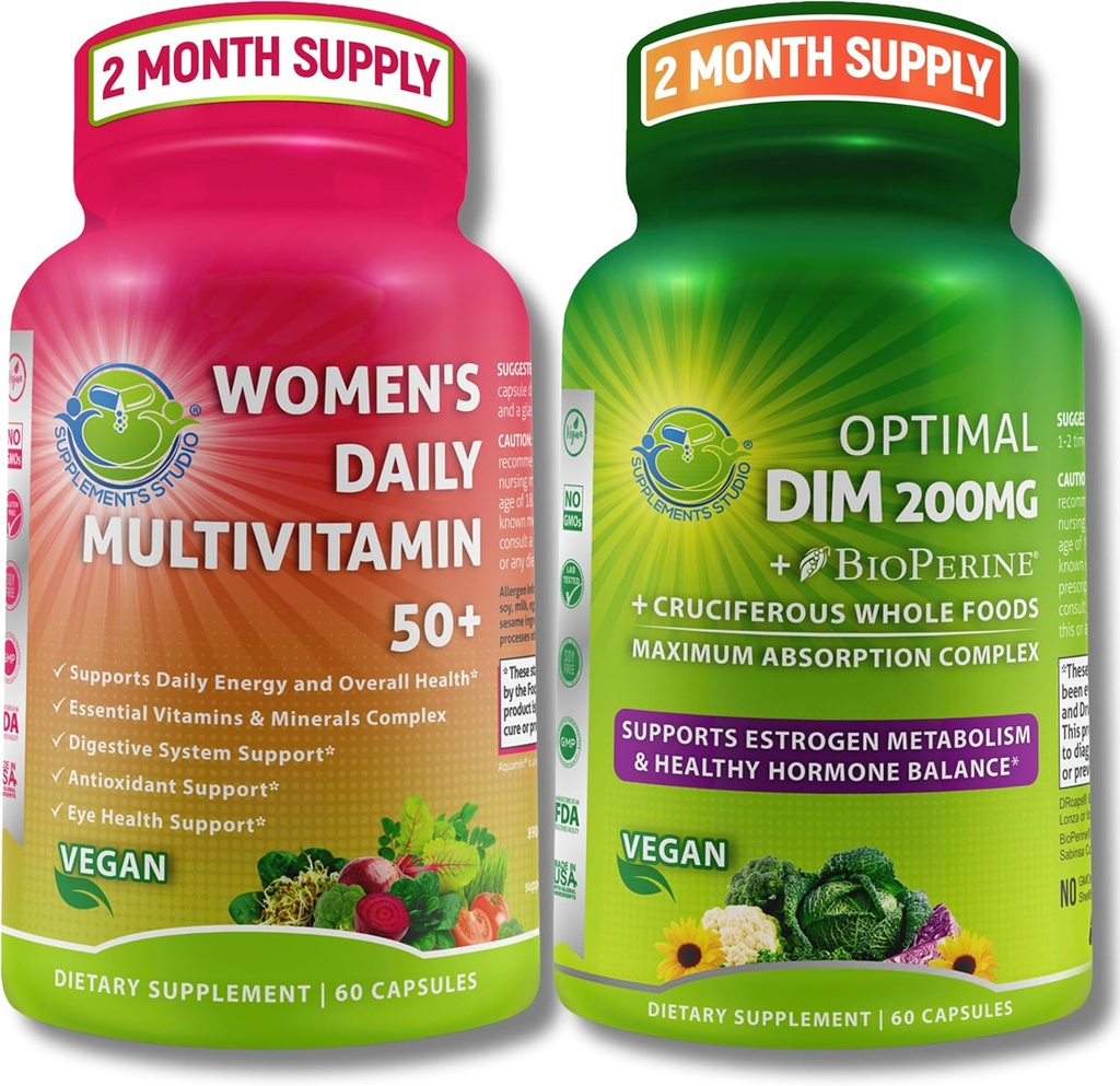 Vegan Bundle for Hormone Balance, Energy, Immunity Bundle - Women 's Daily Multivitamin 50 + med Organic Superfood Blend + DIM 200mg Supplement med BioPerine ® - Non- GMO, Clean Daily Wellness Support