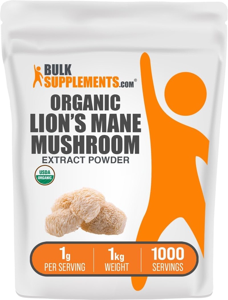 BulkSupplements.com Organic Lions Mane Mushroom Extract Powder - Lions Mane Supplement Powder, Superfood for Well- Being - Vegan, 1g per Serving, 1kg (2,2 lbs) (Pack of 1)