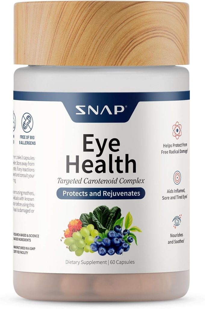 Snap Supplements Eye Health Capsules with Lutein, Zeaxanthin, Bilberry & Lycopene – Supports Vision, Eye Function & Overall Eye Health – 60 Capsules