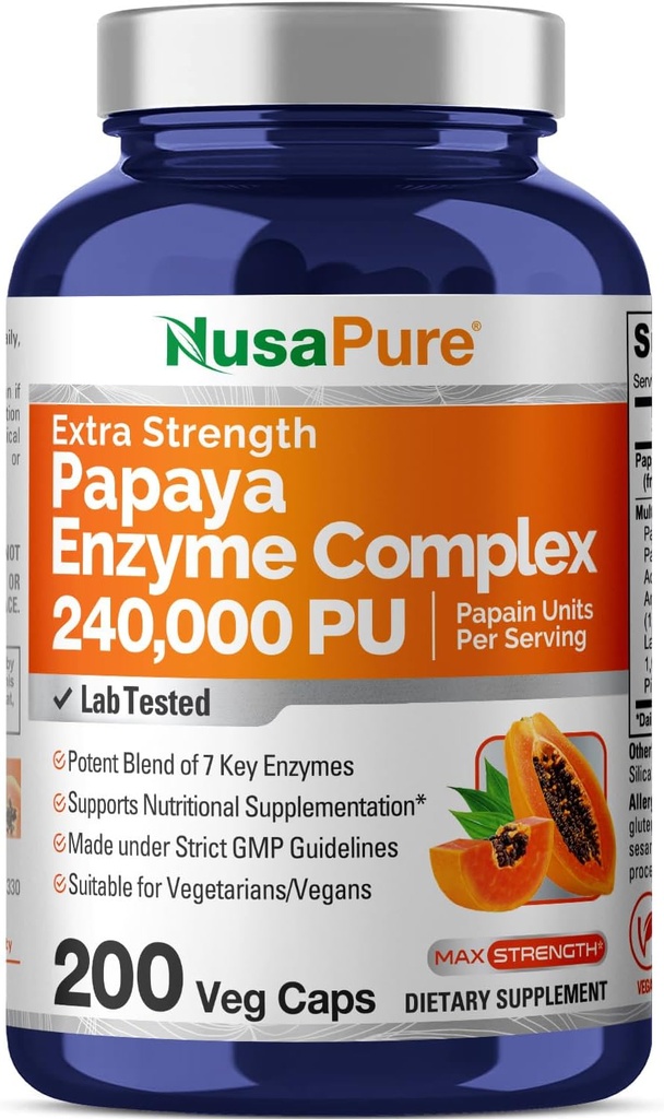 NusaPure Papaya Papain Enzyme Complex 240.000 PU - 200 Veggie Caps - 100% Vegetarisk, Non- GMO