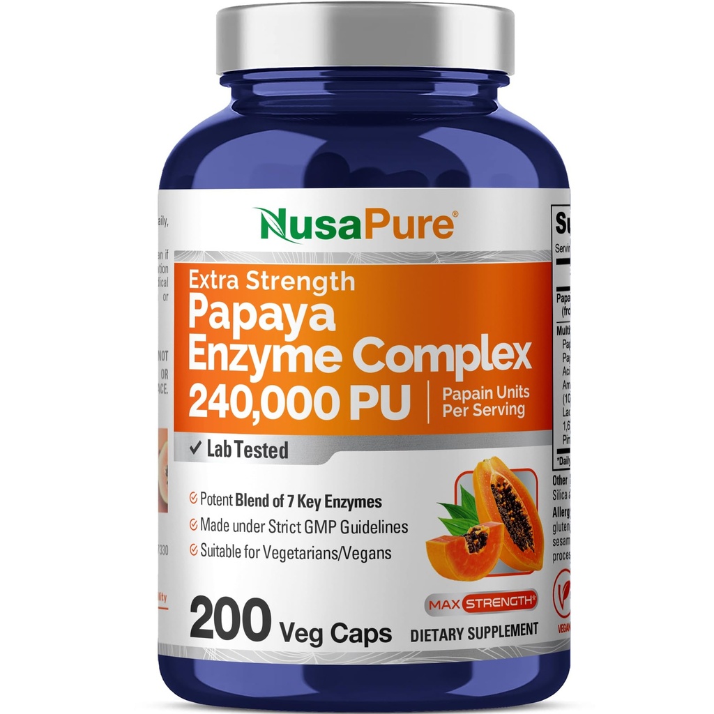 NusaPure Papaya Papain Enzyme Complex 240.000 PU - 200 Veggie Caps - 100% Vegetarisk, Non- GMO